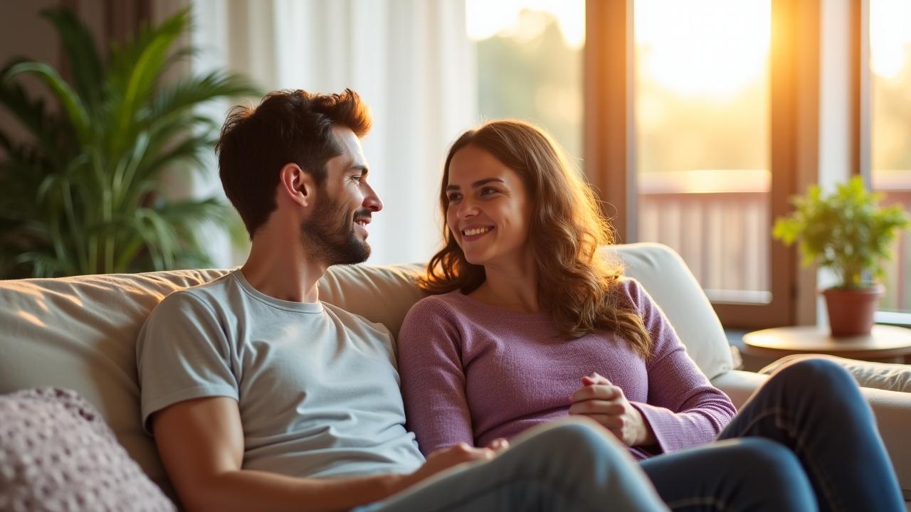 Ein glückliches Paar in einer hellen, modernen Wohnung, das Sicherheit ausstrahlt