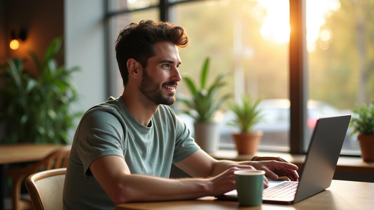 Freelancer arbeitet entspannt in einem hellen Co-Working Space
